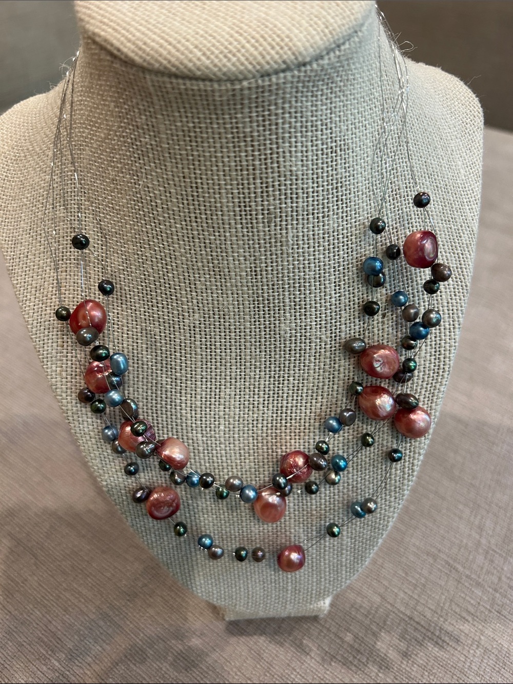Multi-Strand Freshwater Pearl Necklace in Burgundy and Peacock 18”